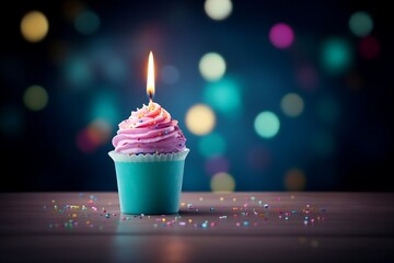 Mini tasty birthday cupcake with one burning candle