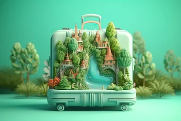 Fotobehang Surreal 3D Landscape Illustration of a Forest River with Luggage in Light Green and Light Blue. AI Generative © Moinul