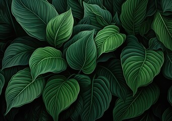 Fototapeta na wymiar Green leaves background. Green leaves color tone dark in the morning.