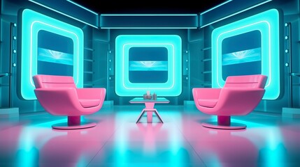 The Future of Game Shows. A Simple, Modern Setting with Two Chairs and a Whole Lot of Fun. AI Generative - obrazy, fototapety, plakaty