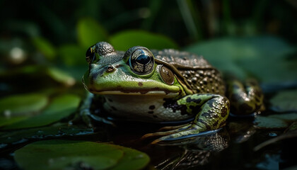 Fototapeta premium Green toad sitting on wet leaf, looking generated by AI