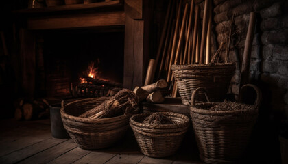 Fototapeta na wymiar Woven wicker basket holds firewood for warmth generated by AI