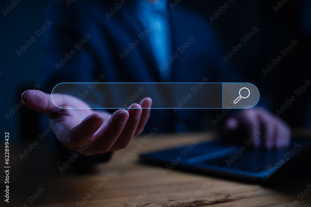 Fototapete SEO and Data Search Technology, Search Engine Optimization. Man hands are using a computer keyboard to searching for information. Using Search Console with your website. Data Information system