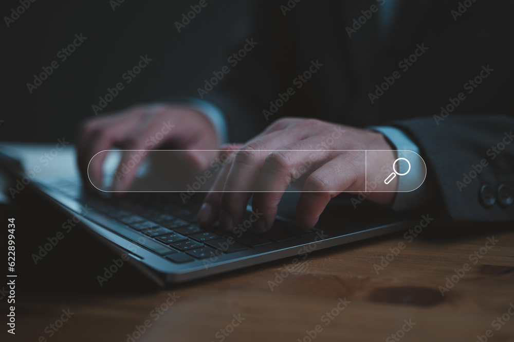 Fototapete SEO and Data Search Technology, Search Engine Optimization. Man hands are using a computer keyboard to searching for information. Using Search Console with your website. Data Information system