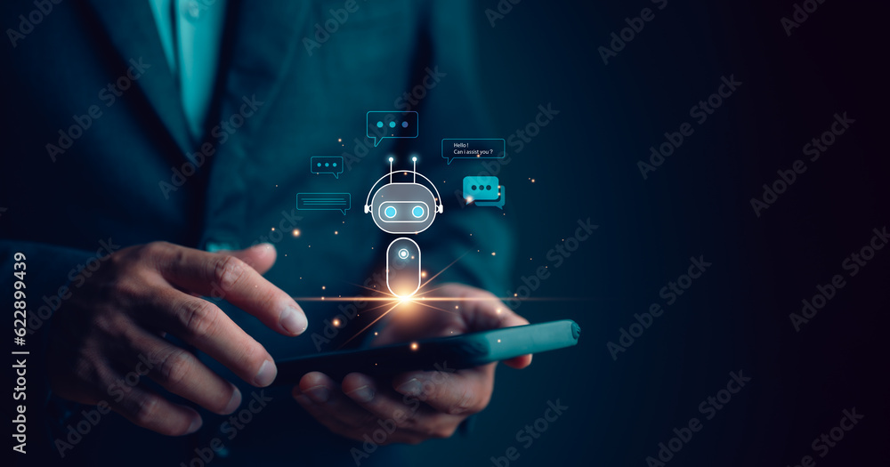 Poster chatbot chat with ai, artificial intelligence. man using technology smart robot ai, artificial intel