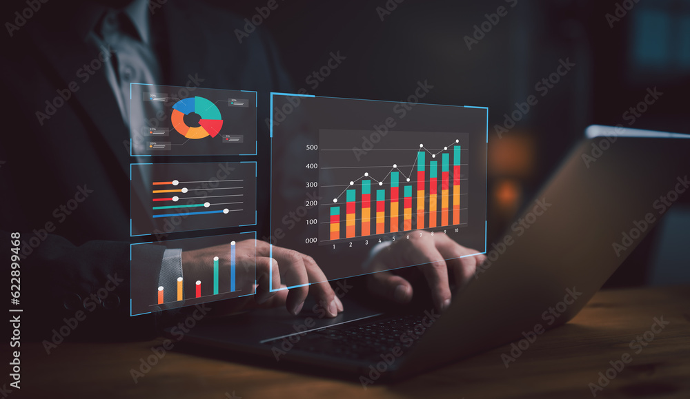 Poster businessman analyzing business enterprise data management, business analytics with charts, metrics a