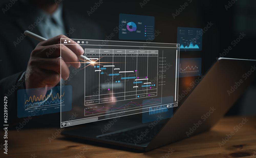 Poster businessman analyzing business enterprise data management, business analytics with charts, metrics a