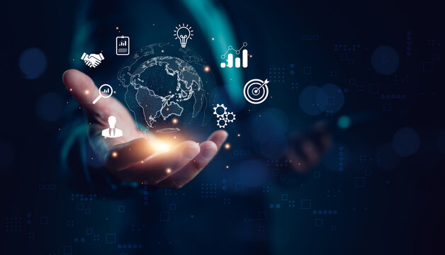 Business global internet connection application technology and digital marketing, Businessman using mobile smartphone, Financial and banking, Digital link tech, big data. Business network