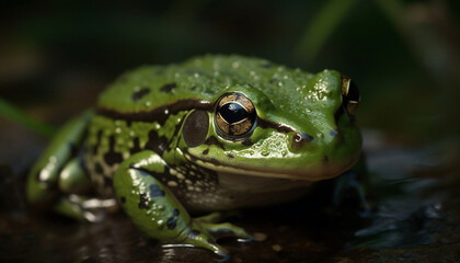 Fototapeta premium Green toad sitting on wet leaf, looking generated by AI