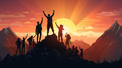 Fototapeta premium Successful Teamwork on top of a mountain at sunrise. Business Success Concept. Illustration