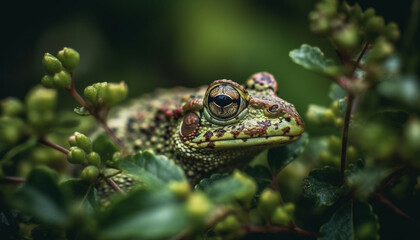 Green toad watching wet forest branch beauty generated by AI