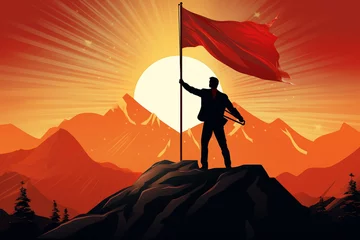 Fototapete Backstein Successful Businessman with a flag on top of a mountain at sunrise. Business Success Concept. Illustration