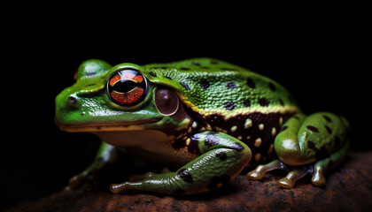 Obraz premium Spotted poison arrow frog sitting on leaf generated by AI
