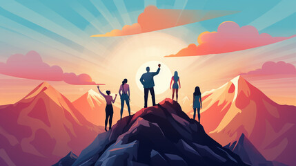 Successful Teamwork on top of a mountain at sunrise. Business Success Concept. Illustration