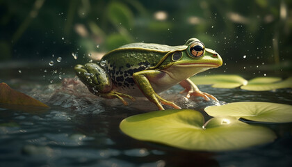 Obraz premium Slimy toad sitting in wet pond water generated by AI