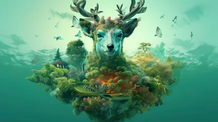 Fototapeten Fantasy animal, double exposure of fantasy world with green trees. AI Generative © Moinul