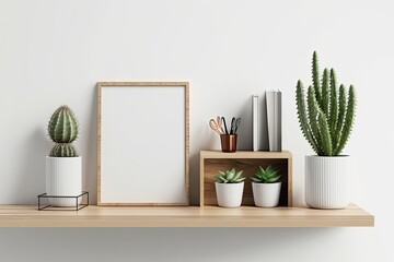 decorative shelf with plants and picture frame. Generative AI