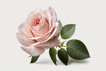 Fototapeta premium pink rose with green leaves on a white background. Generative AI