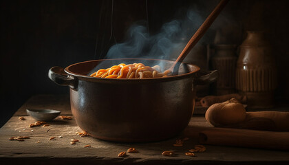 Rustic soup bowl, cooked over open flame generated by AI