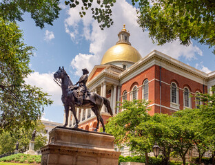 Bronze statue of General Joseph Hooker at the entrance of Massachusetts State House, Boston, Beacon...