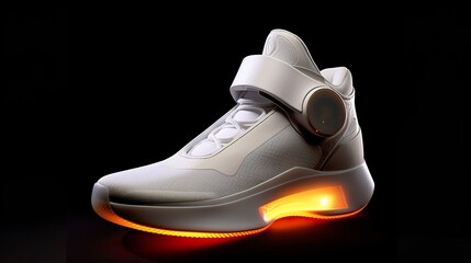 Futuristic fashion original sneakers. Future design of stylish sports shoes with neon glow, futuristic urban aesthetics. Sportswear, style and fashion, tomorrow footwear. AI Generative - obrazy, fototapety, plakaty