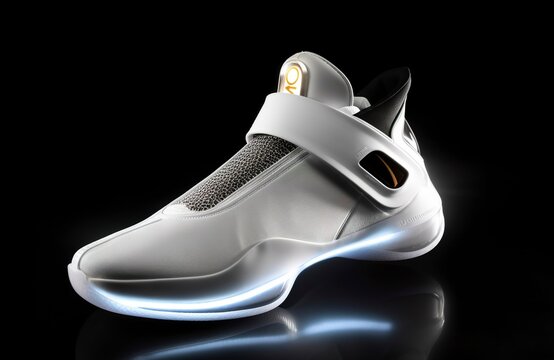Futuristic fashion original sneakers. Future design of stylish sports shoes with neon glow, futuristic urban aesthetics. Sportswear, style and fashion, tomorrow footwear. AI Generative
