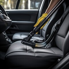 Joyful auto detailer vacuum cleaning open car boot. Car detailing and car care concept,