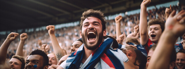  French fan, emotions overwhelm. Supporters cheer in bleacher in French rugby match 2023. Generative Ai content - obrazy, fototapety, plakaty