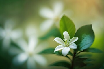 close-up view of a white flower with green leaves. Generative AI