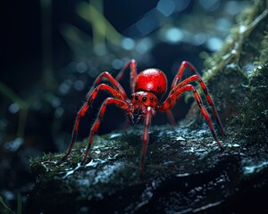 A red spider up close on moss. (Generative AI)