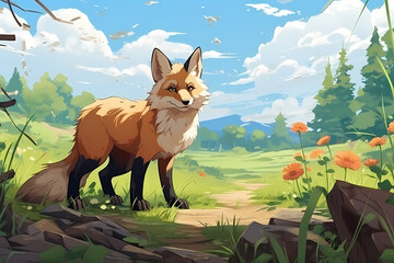 a fox is looking for prey anime style
