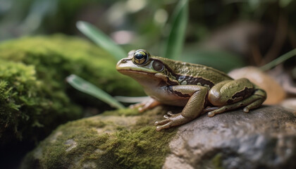 Obraz premium Slimy toad sitting on wet branch, looking generated by AI