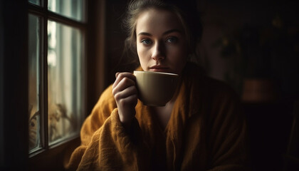 Caucasian woman enjoys hot drink by window generated by AI