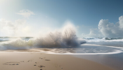 Sunlight splashing on breaking waves, idyllic seascape generated by AI