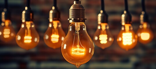 Decorative antique edison style light bulbs against brick wall background. vintage lamp decorative. AI Generative