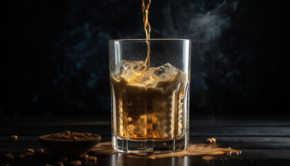 Dark wood table, whiskey glass, ice cube freshness generated by AI