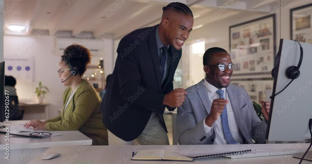 Aufkleber call center, handshake and applause of business people on computer in office at night. clapping, cel