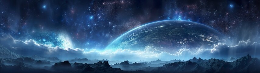 Panorama dark blue night sky, milky way and stars on dark background, Universe filled with stars, nebula and galaxy,  AI Generative