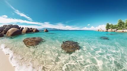 Tropical paradise beach with white sand and crystal clear blue water. Beautiful natural summer vacation holidays background. Travel tourism wide panorama background concept. AI Generative