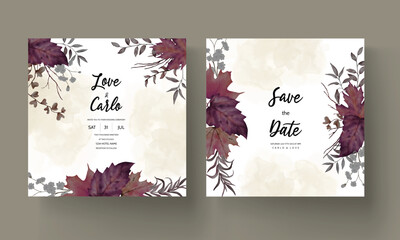 hand drawn watercolor dried leaves wedding invitation card