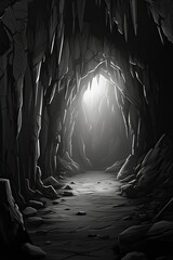 In the middle of a dark cave, a light shines. (Generative AI)
