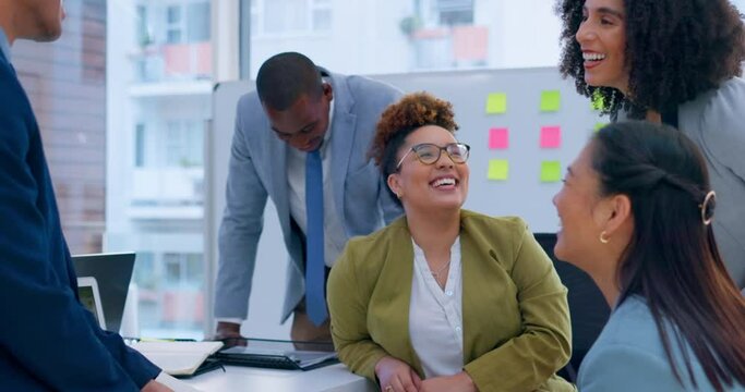 Business people, laughing and funny joke in meeting, teamwork or social gathering at the office. Group of happy employee workers enjoying fun discussion, team building or comedy together at workplace