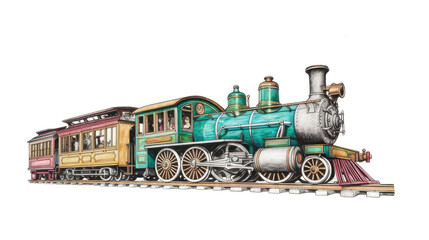 Obraz premium Watercolor hand drawn locomotive, train with big clouds of smoke, an aerial perspective. Raster stock illustration isolated on transparent background