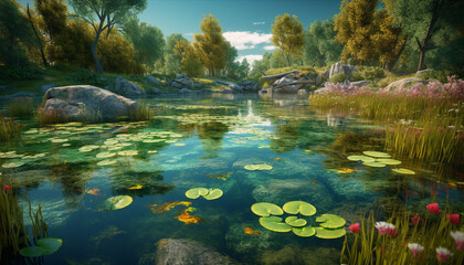 Tranquil scene of mountain pond reflects natural beauty generated by AI