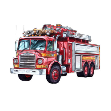 Fire Truck Watercolor painting on transparent background.