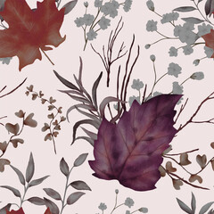 beautiful watercolor dried leaves floral seamless pattern
