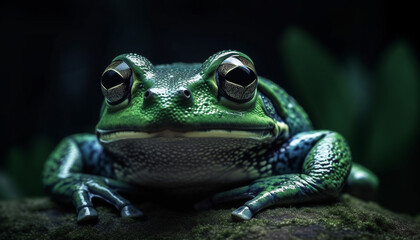 Obraz premium Slimy toad sitting on wet leaf staring generated by AI