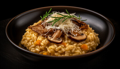 Healthy risotto bowl with edible mushrooms and herbs generated by AI