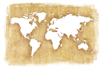 Fototapeta na wymiar World map over organic burlap texture
