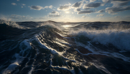 Fototapeta na wymiar Sun kissed waves splash on tranquil sand shore generated by AI
